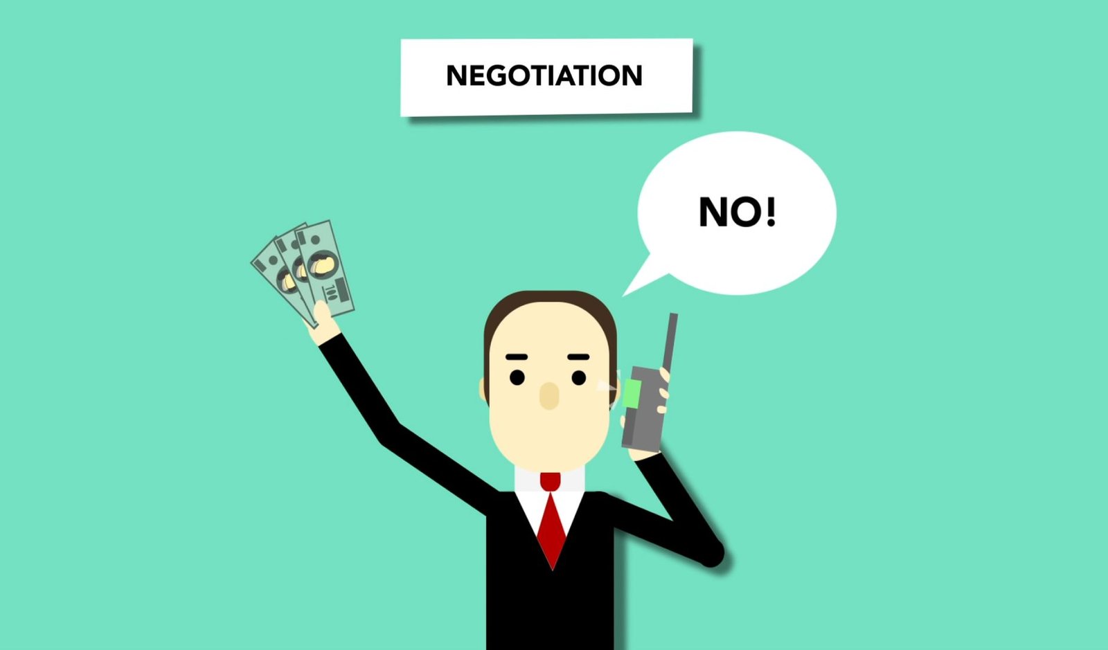 businessman negotiating over phone offering cash and refusing offer